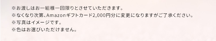 ※お渡しはお一組様一回限りとさせていただきます。 ※なくなり次第、Amazonギフトカード2,000円分に変更になりますがご了承ください。 ※写真はイメージです。 ※色はお選びいただけません。