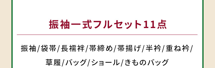 振袖一式フルセット11点 振袖/袋帯/長襦袢/帯締め/帯揚げ/半衿/重ね衿/草履/バッグ/ショール/きものバッグ