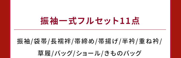 振袖一式フルセット11点 振袖/袋帯/長襦袢/帯締め/帯揚げ/半衿/重ね衿/草履/バッグ/ショール/きものバッグ