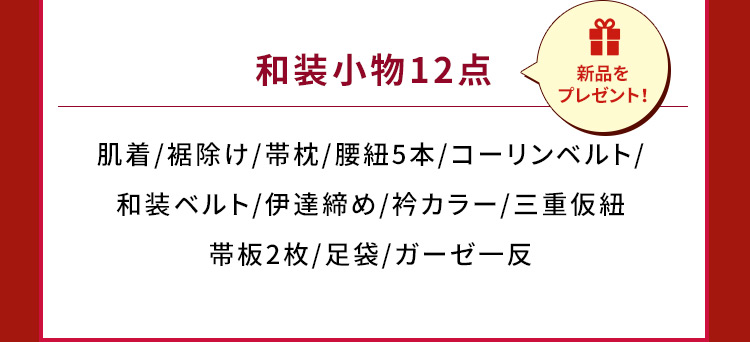 和装小物12点 新品をプレゼント！ 肌着/裾除け/帯枕/腰紐5本/コーリンベルト/和装ベルト/伊達締め/衿カラー/三重仮紐/帯板2枚/足袋/ガーゼ一反