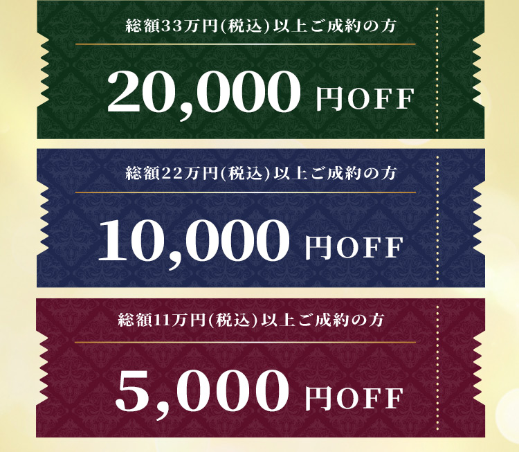 総額33万円（税込）以上ご成約の方20,000円OFF 総額22万円（税込）以上ご成約の方10,000円OFF 総額11万円（税込）以上ご成約の方5,000円OFF